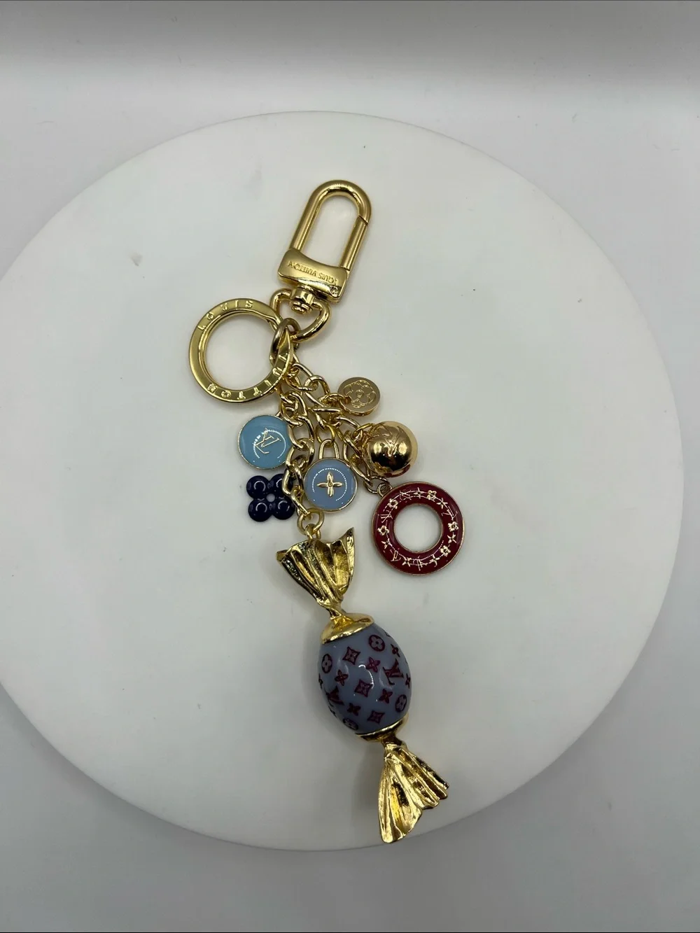 1475. Gold-Tone Charm Keyring  or Bag Charm with Multicolor Enamel Accents